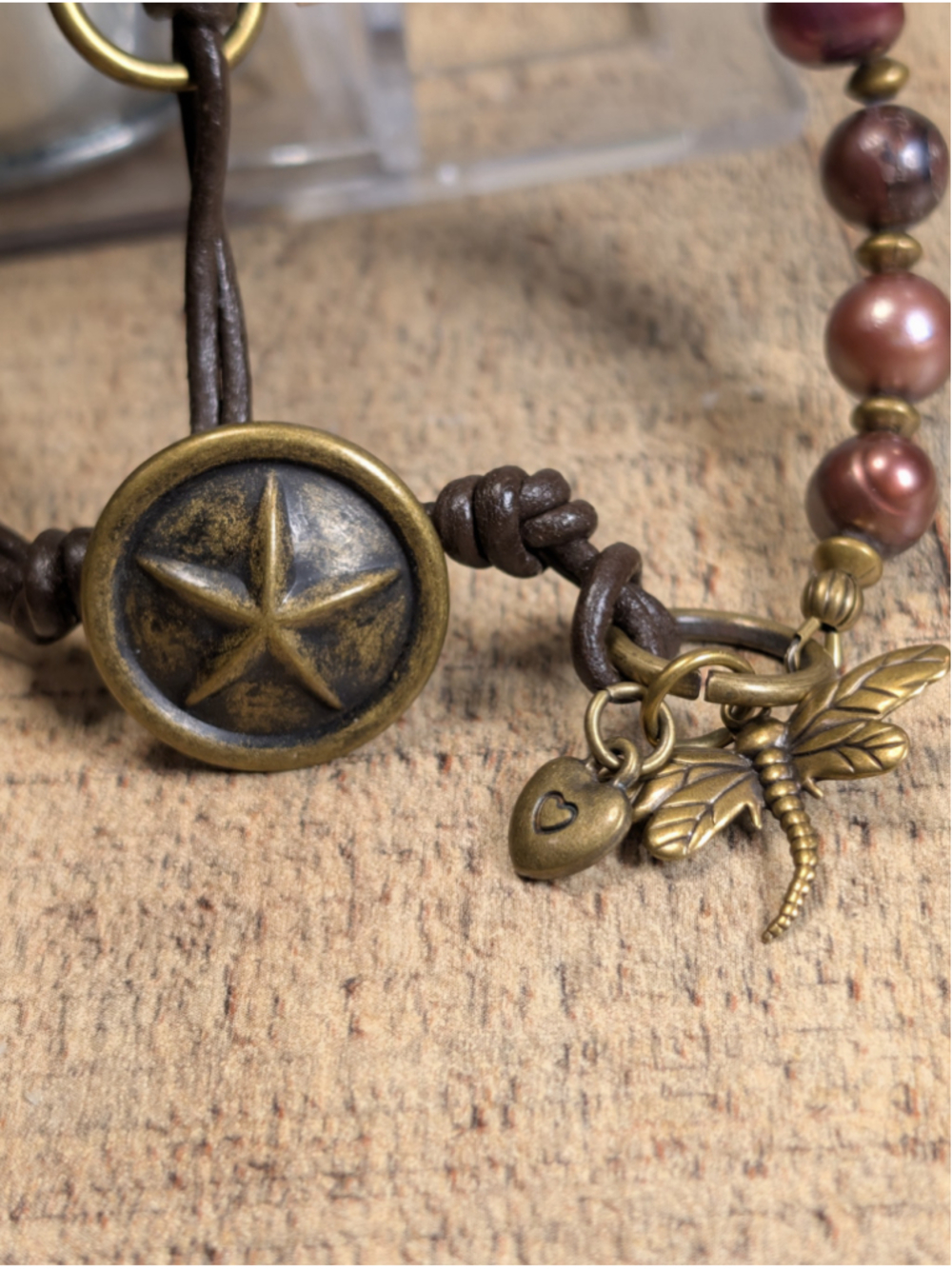 NEW Artisan Boho Cranberry Rustic Pearls Brown Knotted Leather Cord Button Brace - Picture 2 of 7